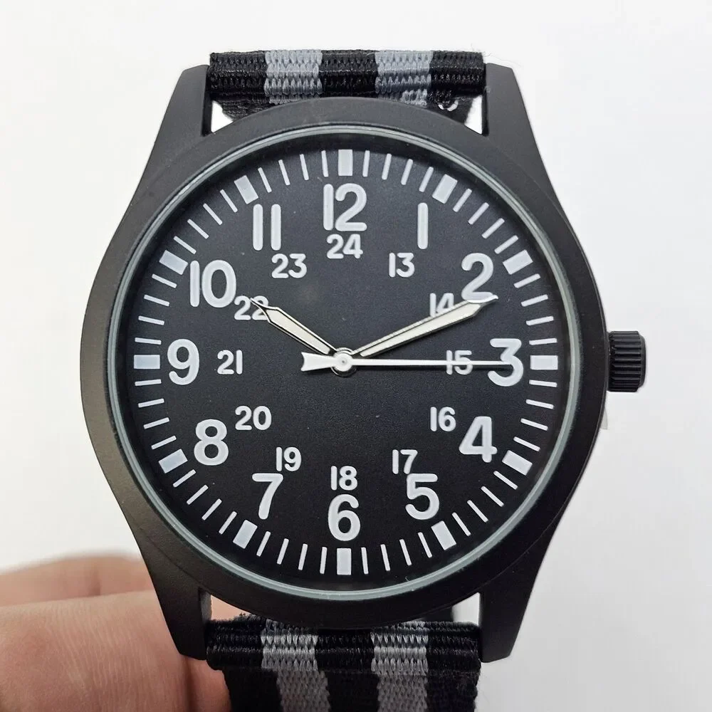 Men's Miltiary Field Watch 42MM Black Case Dial Black Gray Canvas Band‎ Straps